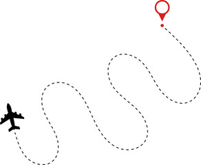 Airplane route. Route icon - two points with dotted path and location pin. Route location icon two pin sign and dotted line. Travel vector icon.