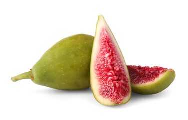Cut and whole fresh green figs isolated on white