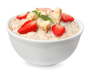 Tasty boiled oatmeal with strawberries and banana in bowl isolated on white