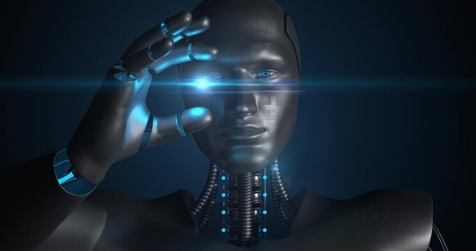 AI Futuristic Robot Showing Indicating Something. Glowing Light. Technology And Science Related 3D Animation. 
