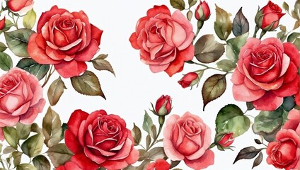 Fototapeta premium illustration with red watercolor roses on a white background