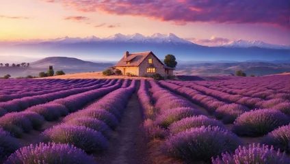 Tuinposter illustration of a landscape with a lavender field and a country house © Roslaw