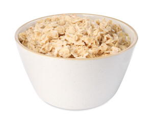 Tasty boiled oatmeal in bowl isolated on white