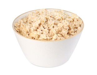 Tasty boiled oatmeal in bowl isolated on white