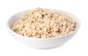 Tasty boiled oatmeal in bowl isolated on white