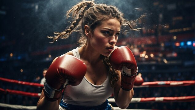 girl boxer, in boxing gloves in the ring