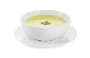 Tasty broth in bowl isolated on white