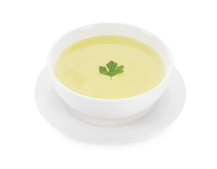 Tasty broth in bowl isolated on white