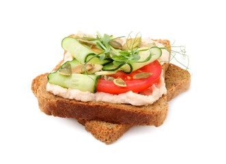 Fototapeta na wymiar Tasty vegan sandwich with cucumber, tomato and pumpkin seeds isolated on white