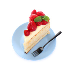 Piece of tasty cake with fresh strawberries and mint isolated on white