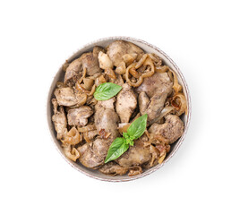 Delicious fried chicken liver with onion and basil in bowl isolated on white, top view