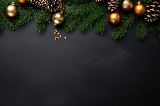  a black background with pine cones and gold baubles hanging from the branches of a christmas tree with pine cones and gold baubles hanging from the branches.
