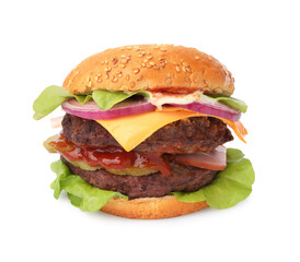 Tasty cheeseburger with patties and tomato isolated on white