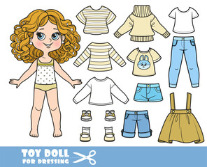 Cartoon girl with curle haired and clothes separately -  skirt, shirt, denim blue shorts, jeans and sandals doll for dressing