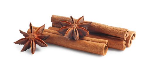 Aromatic cinnamon sticks and anise stars isolated on white