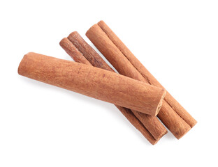 Aromatic cinnamon sticks isolated on white, top view