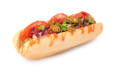 One tasty hot dog with green onion, tomato, pickles and sauce isolated on white