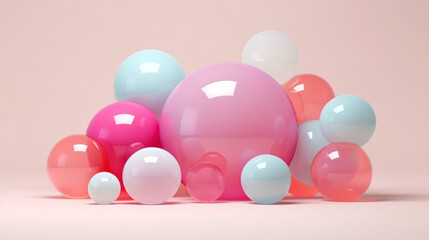 3D multi-coloured spheres of different sizes and transparency. Pastel colour palette. Abstract background. Generative AI