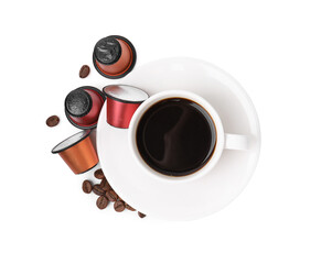 Cup of coffee, capsules and beans isolated on white, top view