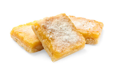 Tasty lemon bars with powdered sugar isolated on white