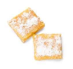 Tasty lemon bars with powdered sugar isolated on white, top view