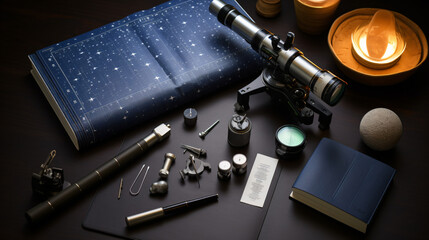 A flat lay of a night sky observers tools including a telescope star maps a notebook and a flashlight on a dark field background. - obrazy, fototapety, plakaty