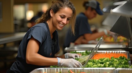 Smiling Food Preparation Worker Arranging Vegetables