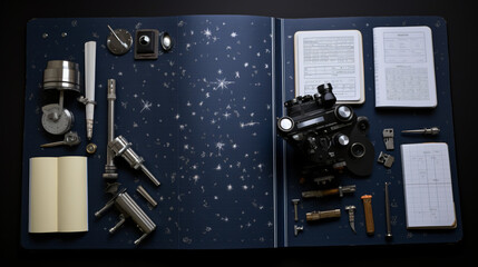 A flat lay of a night sky observers tools including a telescope star maps a notebook and a flashlight on a dark field background.