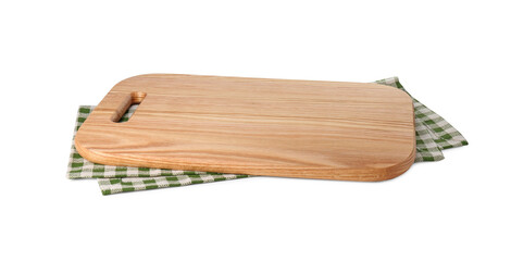 Wooden cutting board and checkered towel isolated on white