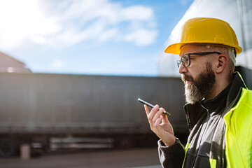 Warehouse worker standing outdoors, phone calling with truck driver. Warehouse receiver waiting for a delivery.