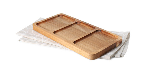 Wooden serving board and kitchen towel isolated on white