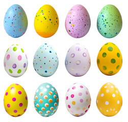 Collection of colourful hand painted decorated easter eggs on transparent background cutout, PNG file. Dots and splatter set. Many different design. Mockup template for artwork design