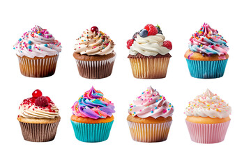 Collection set, assortment of colorful cupcakes  isolated on transparent  background, png file