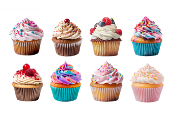 Collection set, assortment of colorful cupcakes  isolated on white or transparent  background, png file