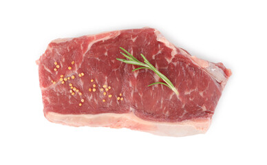 Steak of raw beef meat and spices isolated on white, top view