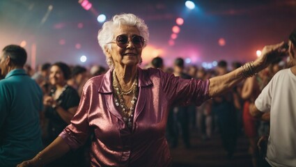 elderly woman dancing at the disco, rave