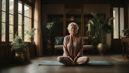 elderly woman doing yoga, meditation