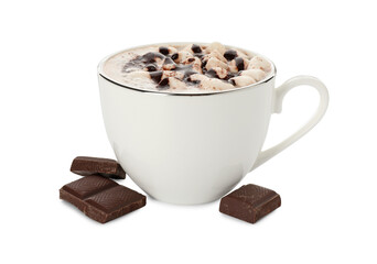Cup of aromatic hot chocolate with marshmallows isolated on white