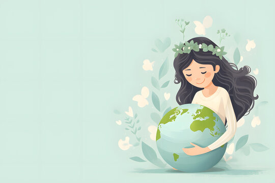 Woman hugging planet Earth. A young girl holding the globe with love. save and protect our home concept
