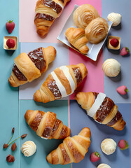 overhead view of a beautifully arranged assortment of sweet croissant