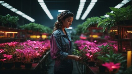 a girl who takes care of flowers in a greenhouse
