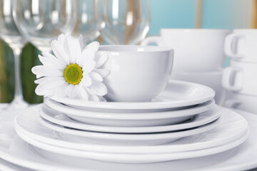 Set of clean dishware and flower on table, closeup