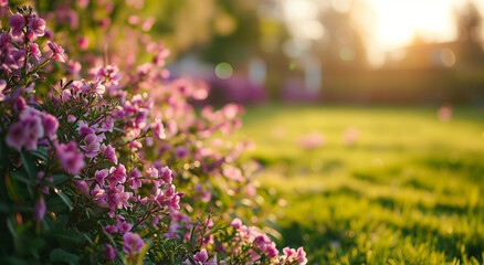 Obraz premium Spring glade with flowering pink flowers in sunny day. Tranquil natural spring landscape with flowers. Blurred forest field background