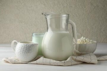 Lactose free dairy products on white wooden table