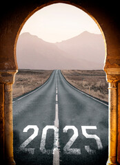 2025 New Year road trip travel and future vision concept view through the arch entrance