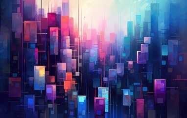 Fototapeta na wymiar An abstract cityscape using rectangles and squares in a vibrant, futuristic color palette, Vibrant Geometric Urban Landscape.
