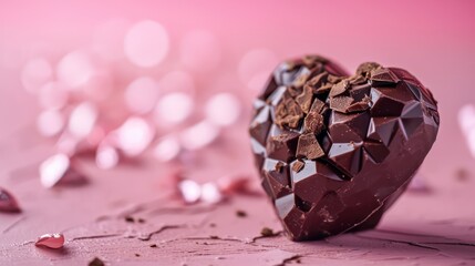 Heart shaped chocolate close-up with a vivid pink background. 3D brown chocolate heart-shaped