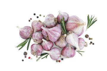 Fresh garlic bulbs, peppercorns and rosemary isolated on white, top view