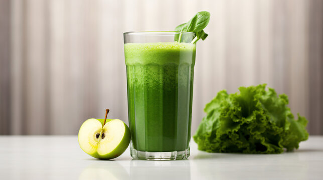 A glass of green smoothie made with spinach kale and green apple offering a detoxifying and nutrient-rich drink.