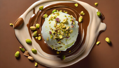 overhead view of a delightful ball-shaped ice cream coated in crushed pistachios with milk chocolate